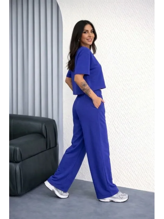 Osy Modal Yumuşak Dokulu Kadın Oversize İkili Takım Bol Paça Pantolonlu Günlük Takım - Saks Mavisi