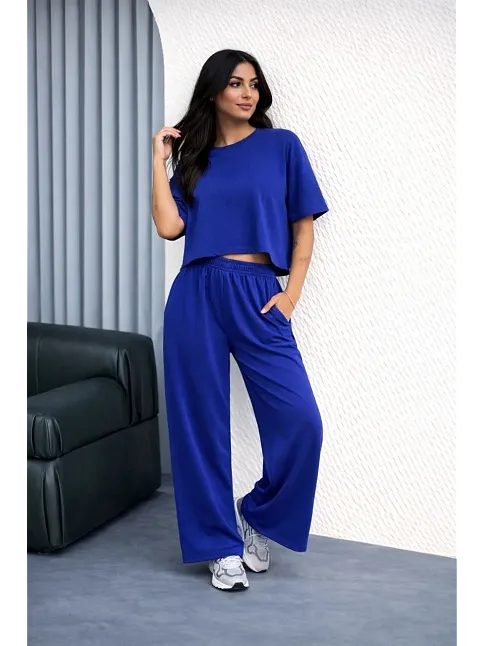 Osy Modal Yumuşak Dokulu Kadın Oversize İkili Takım Bol Paça Pantolonlu Günlük Takım - Saks Mavisi