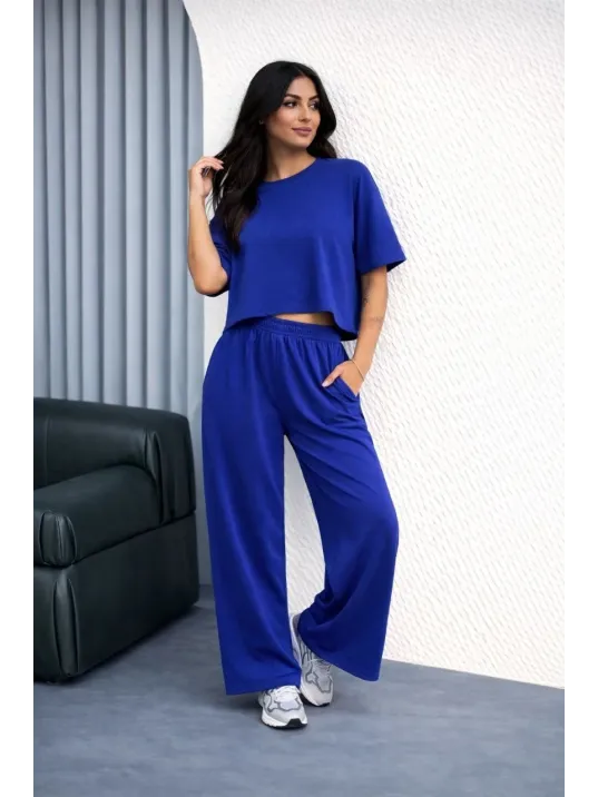 Osy Modal Yumuşak Dokulu Kadın Oversize İkili Takım Bol Paça Pantolonlu Günlük Takım - Saks Mavisi