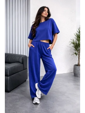 Osy Modal Yumuşak Dokulu Kadın Oversize İkili Takım Bol Paça Pantolonlu Günlük Takım - Saks Mavisi