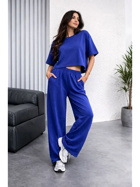 Osy Modal Yumuşak Dokulu Kadın Oversize İkili Takım Bol Paça Pantolonlu Günlük Takım - Saks Mavisi
