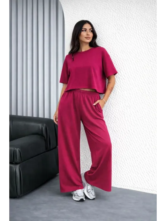 Osy Modal Yumuşak Dokulu Kadın Oversize İkili Takım Bol Paça Pantolonlu Günlük Takım - Fuşya