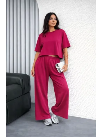Osy Modal Yumuşak Dokulu Kadın Oversize İkili Takım Bol Paça Pantolonlu Günlük Takım - Fuşya