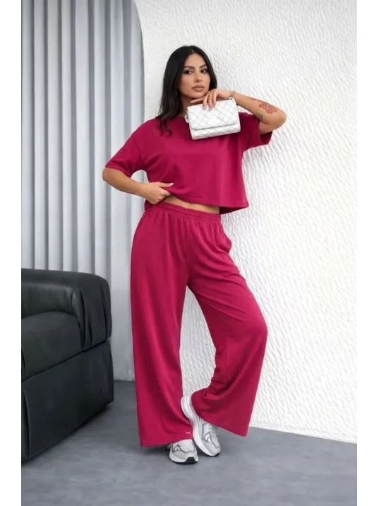 Osy Modal Yumuşak Dokulu Kadın Oversize İkili Takım Bol Paça Pantolonlu Günlük Takım - Fuşya