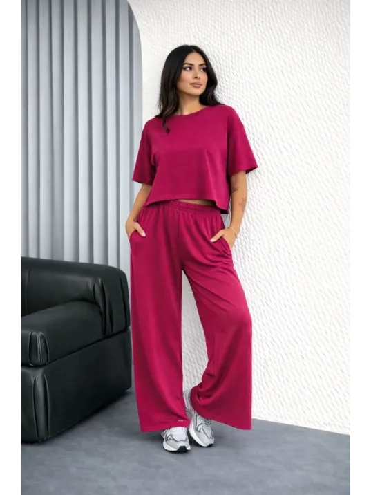 Osy Modal Yumuşak Dokulu Kadın Oversize İkili Takım Bol Paça Pantolonlu Günlük Takım - Fuşya