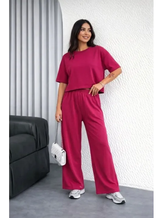 Osy Modal Yumuşak Dokulu Kadın Oversize İkili Takım Bol Paça Pantolonlu Günlük Takım - Fuşya