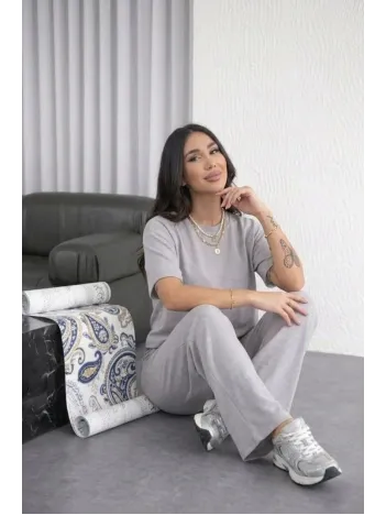 Osy Modal Yumuşak Dokulu Kadın Oversize İkili Takım Bol Paça Pantolonlu Günlük Takım - Gri