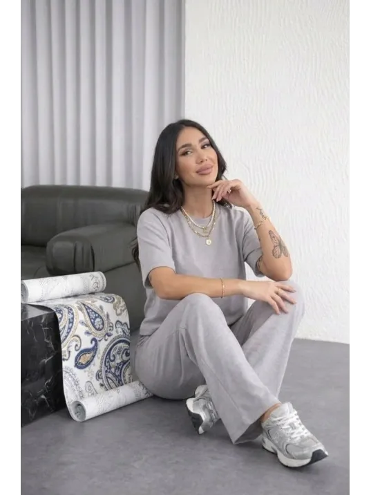 Osy Modal Yumuşak Dokulu Kadın Oversize İkili Takım Bol Paça Pantolonlu Günlük Takım - Gri