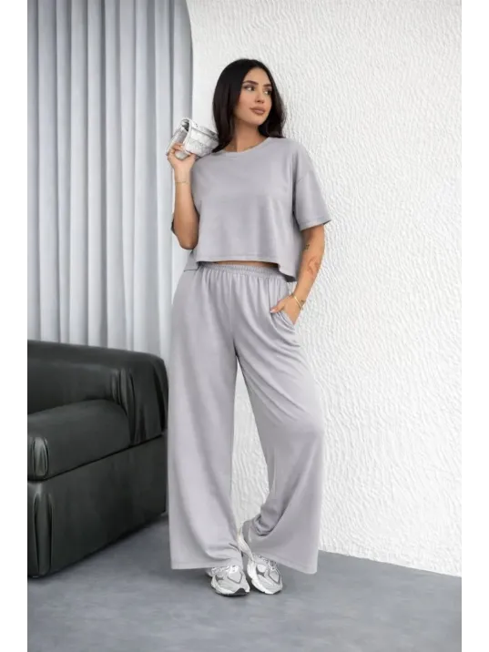 Osy Modal Yumuşak Dokulu Kadın Oversize İkili Takım Bol Paça Pantolonlu Günlük Takım - Gri