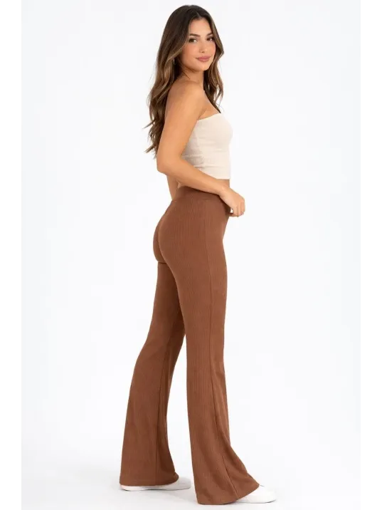 Kadın Fitilli Kaşkorse İspanyol Paça Tayt Yüksek Bel Esnek Günlük Rahat Pantolon - Kahverengi