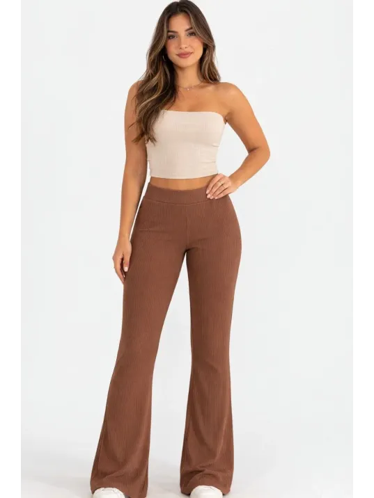 Kadın Fitilli Kaşkorse İspanyol Paça Tayt Yüksek Bel Esnek Günlük Rahat Pantolon - Kahverengi