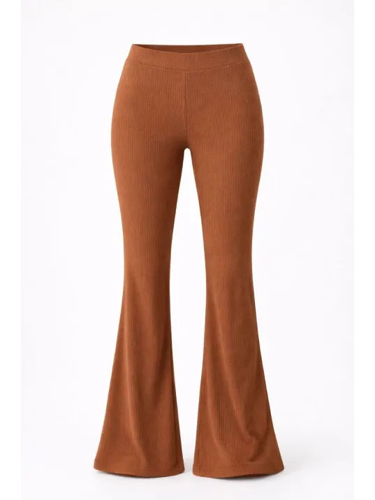 Kadın Fitilli Kaşkorse İspanyol Paça Tayt Yüksek Bel Esnek Günlük Rahat Pantolon - Kahverengi