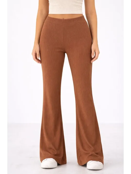 Kadın Fitilli Kaşkorse İspanyol Paça Tayt Yüksek Bel Esnek Günlük Rahat Pantolon - Kahverengi