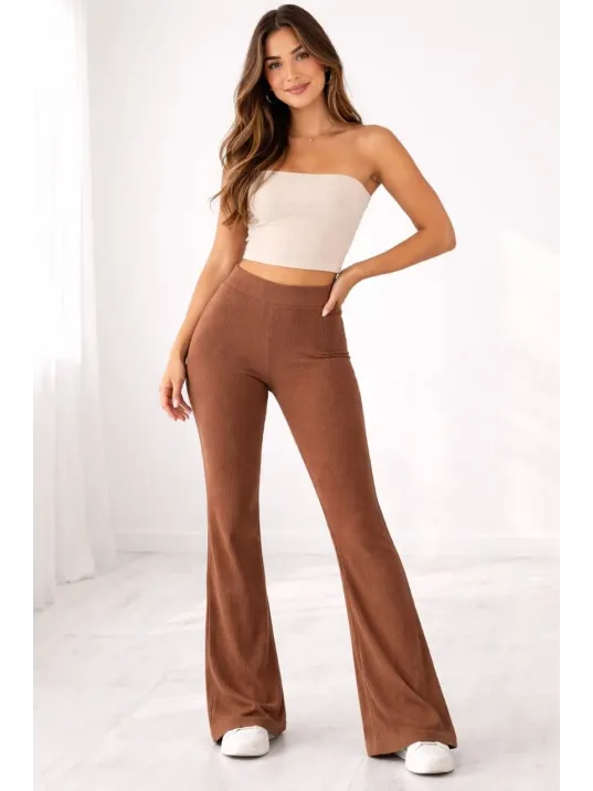 Kadın Fitilli Kaşkorse İspanyol Paça Tayt Yüksek Bel Esnek Günlük Rahat Pantolon - Kahverengi