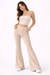 Kadın Fitilli Kaşkorse İspanyol Paça Tayt Yüksek Bel Esnek Günlük Rahat Pantolon - Bej