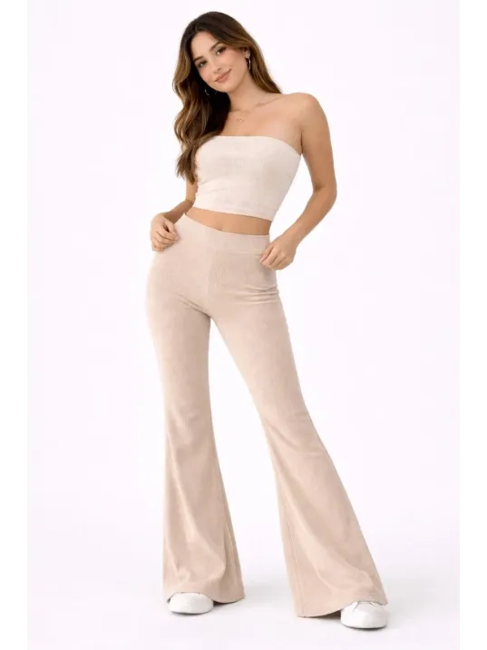 Kadın Fitilli Kaşkorse İspanyol Paça Tayt Yüksek Bel Esnek Günlük Rahat Pantolon - Bej