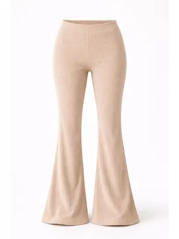 Kadın Fitilli Kaşkorse İspanyol Paça Tayt Yüksek Bel Esnek Günlük Rahat Pantolon - Bej