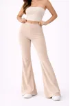 Kadın Fitilli Kaşkorse İspanyol Paça Tayt Yüksek Bel Esnek Günlük Rahat Pantolon - Bej