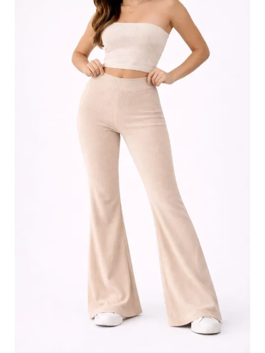 Kadın Fitilli Kaşkorse İspanyol Paça Tayt Yüksek Bel Esnek Günlük Rahat Pantolon - Bej