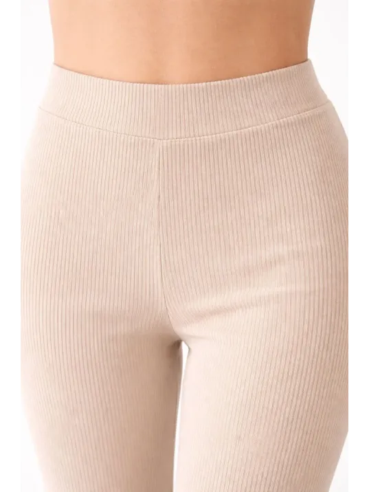 Kadın Fitilli Kaşkorse İspanyol Paça Tayt Yüksek Bel Esnek Günlük Rahat Pantolon - Bej