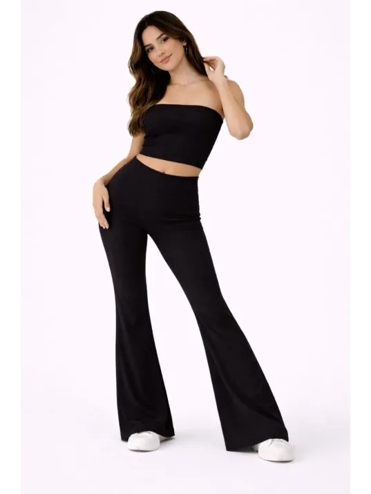 Kadın Fitilli Kaşkorse İspanyol Paça Tayt Yüksek Bel Esnek Günlük Rahat Pantolon - Siyah