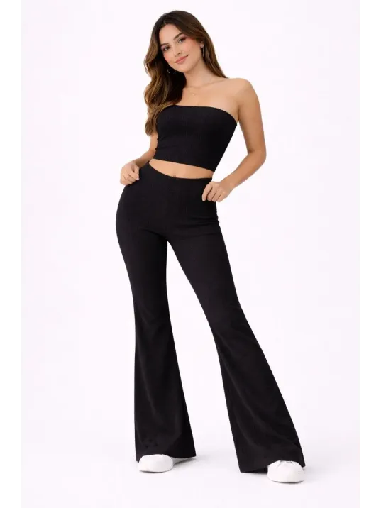 Kadın Fitilli Kaşkorse İspanyol Paça Tayt Yüksek Bel Esnek Günlük Rahat Pantolon - Siyah