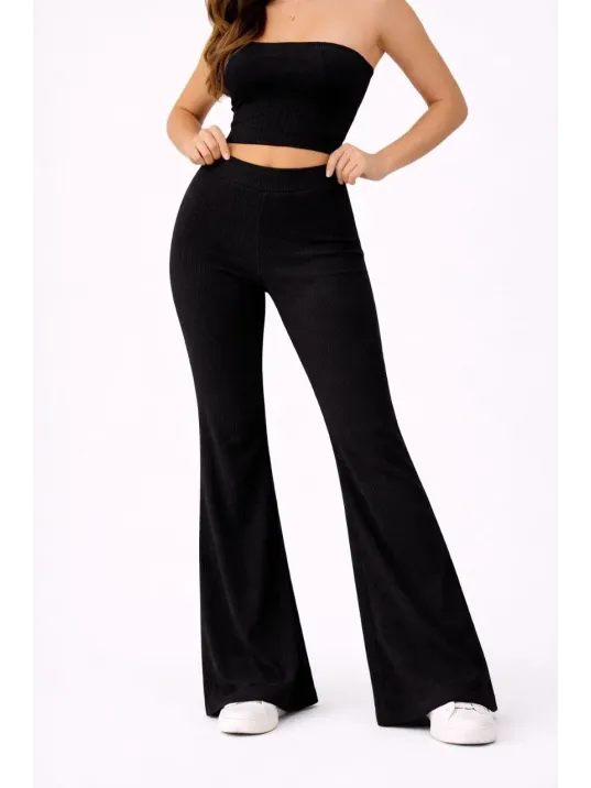 Kadın Fitilli Kaşkorse İspanyol Paça Tayt Yüksek Bel Esnek Günlük Rahat Pantolon - Siyah