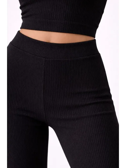 Kadın Fitilli Kaşkorse İspanyol Paça Tayt Yüksek Bel Esnek Günlük Rahat Pantolon - Siyah