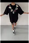 Kadın Baskılı T-shirt Kısa Kol Bisiklet Yaka Regular Rahat Kalıp Günlük Tişört - Siyah