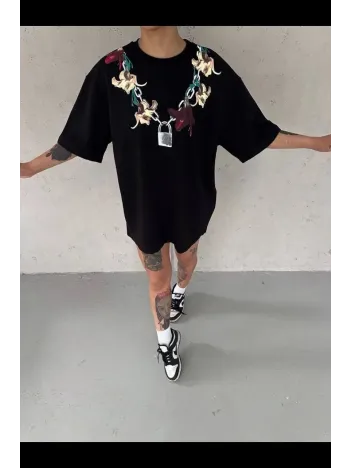 Kadın Baskılı T-shirt Kısa Kol Bisiklet Yaka Regular Rahat Kalıp Günlük Tişört - Siyah