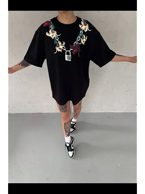 Kadın Baskılı T-shirt Kısa Kol Bisiklet Yaka Regular Rahat Kalıp Günlük Tişört - Siyah