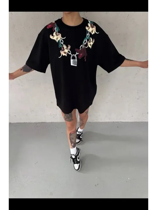 Kadın Baskılı T-shirt Kısa Kol Bisiklet Yaka Regular Rahat Kalıp Günlük Tişört - Siyah