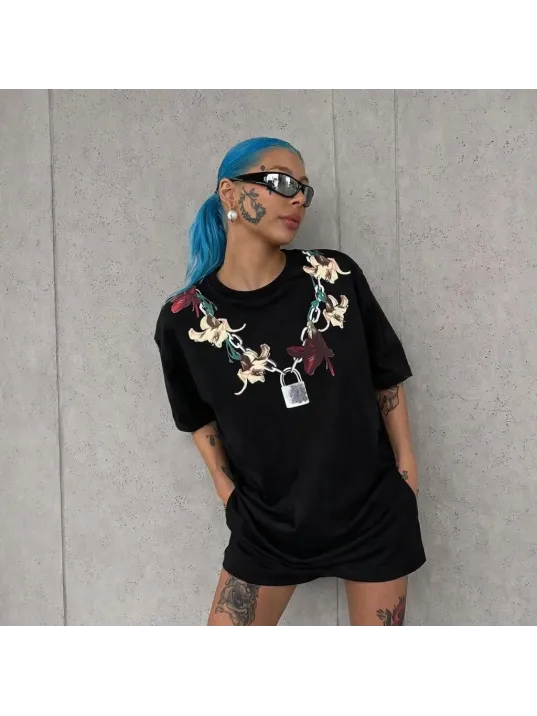 Kadın Baskılı T-shirt Kısa Kol Bisiklet Yaka Regular Rahat Kalıp Günlük Tişört - Siyah