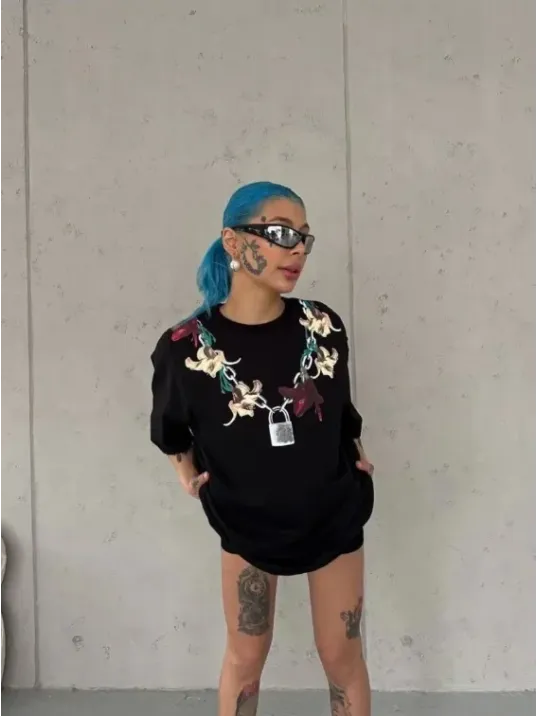 Kadın Baskılı T-shirt Kısa Kol Bisiklet Yaka Regular Rahat Kalıp Günlük Tişört - Siyah