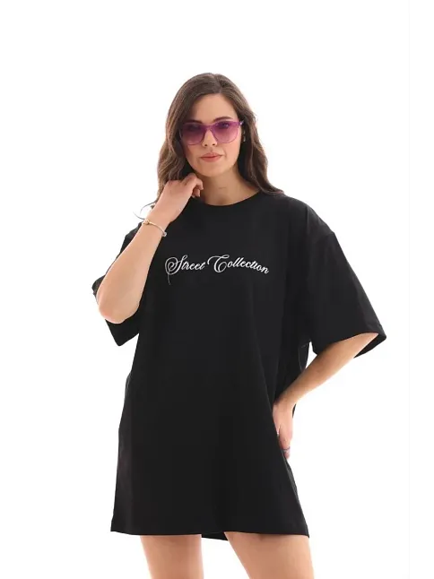 Kadın Baskılı T-shirt Kısa Kol Bisiklet Yaka Regular Rahat Kalıp Günlük Tişört - Siyah