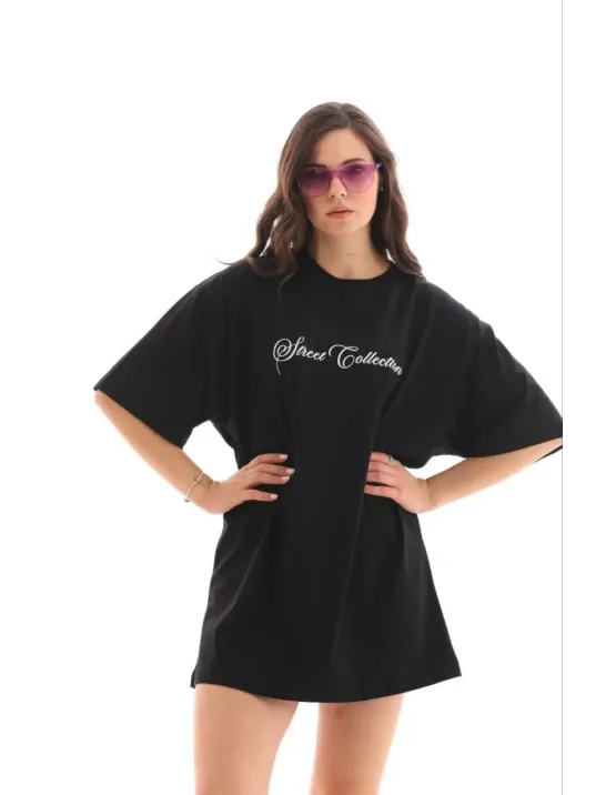 Kadın Baskılı T-shirt Kısa Kol Bisiklet Yaka Regular Rahat Kalıp Günlük Tişört - Siyah Kadın Baskılı T-shirt Kısa Kol Bisiklet Yaka Regular Rahat Kalıp Günlük Tişört - Siyah