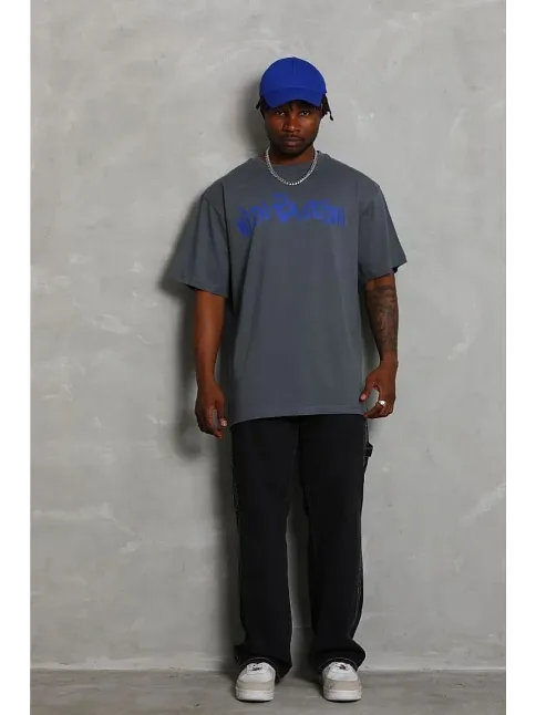 Erkek Baskılı T-shirt Kısa Kol Bisiklet Yaka Regular Fit Rahat Kalıp Günlük Tişört - Füme