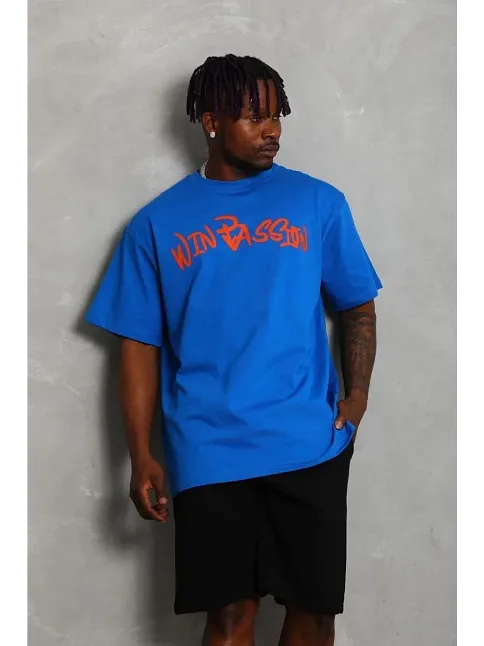 Erkek Baskılı T-shirt Kısa Kol Bisiklet Yaka Regular Fit Rahat Kalıp Günlük Tişört - Saks Mavisi