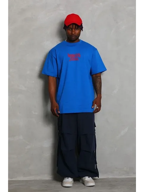 Erkek Baskılı T-shirt Kısa Kol Bisiklet Yaka Regular Fit Rahat Kalıp Günlük Tişört - Saks Mavisi