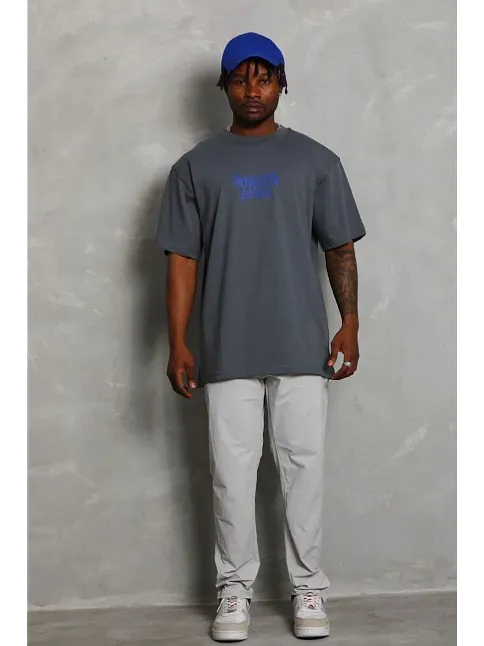Erkek Baskılı T-shirt Kısa Kol Bisiklet Yaka Regular Fit Rahat Kalıp Günlük Tişört - Füme