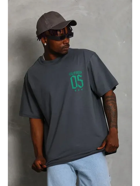 Erkek Baskılı T-shirt Kısa Kol Bisiklet Yaka Regular Fit Rahat Kalıp Günlük Tişört - Füme