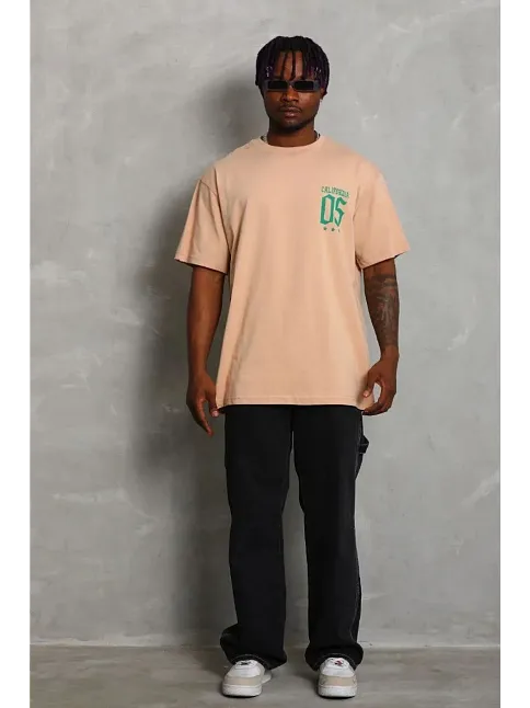 Erkek Baskılı T-shirt Kısa Kol Bisiklet Yaka Regular Fit Rahat Kalıp Günlük Tişört - Bej