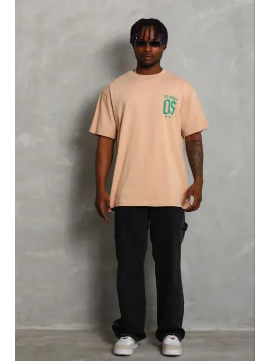 Erkek Baskılı T-shirt Kısa Kol Bisiklet Yaka Regular Fit Rahat Kalıp Günlük Tişört - Bej