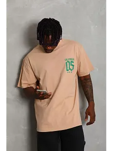 Erkek Baskılı T-shirt Kısa Kol Bisiklet Yaka Regular Fit Rahat Kalıp Günlük Tişört - Bej