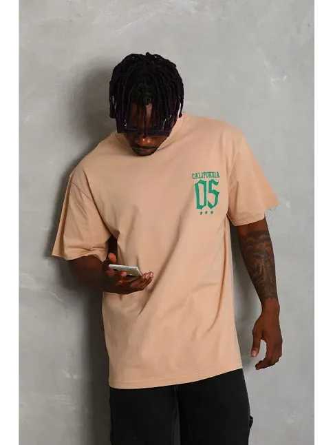 Erkek Baskılı T-shirt Kısa Kol Bisiklet Yaka Regular Fit Rahat Kalıp Günlük Tişört - Bej
