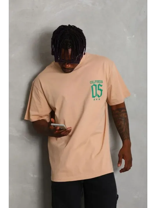 Erkek Baskılı T-shirt Kısa Kol Bisiklet Yaka Regular Fit Rahat Kalıp Günlük Tişört - Bej