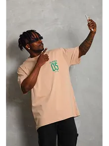 Erkek Baskılı T-shirt Kısa Kol Bisiklet Yaka Regular Fit Rahat Kalıp Günlük Tişört - Bej