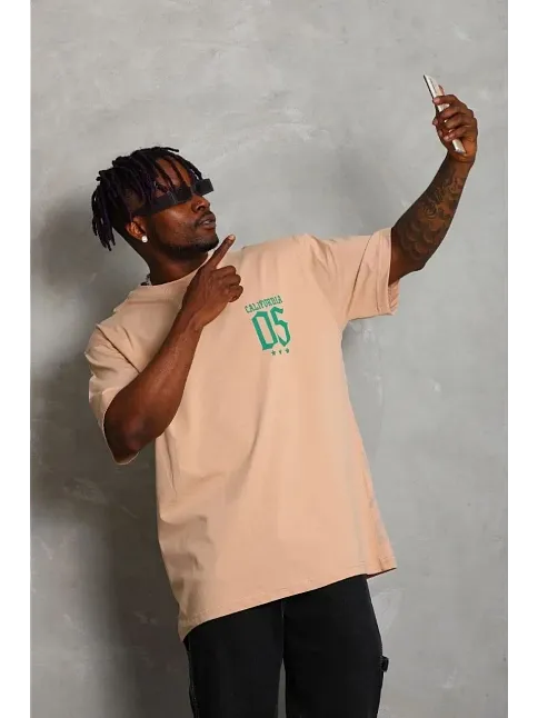 Erkek Baskılı T-shirt Kısa Kol Bisiklet Yaka Regular Fit Rahat Kalıp Günlük Tişört - Bej