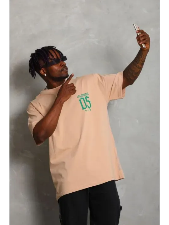 Erkek Baskılı T-shirt Kısa Kol Bisiklet Yaka Regular Fit Rahat Kalıp Günlük Tişört - Bej