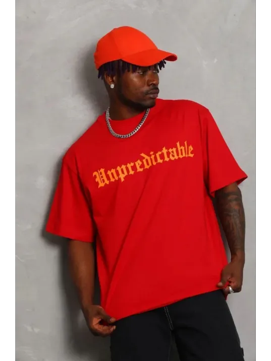 Erkek Baskılı T-shirt Kısa Kol Bisiklet Yaka Regular Fit Rahat Kalıp Günlük Tişört - Kırmızı